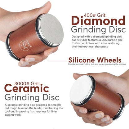 Winklez Rolling Knife Sharpener with Diamond and Ceramic Discs, Kitchen Knife Sharpener with 15° & 20° Magnetic Angles, Strong Knife Sharpening Kit (Brown)