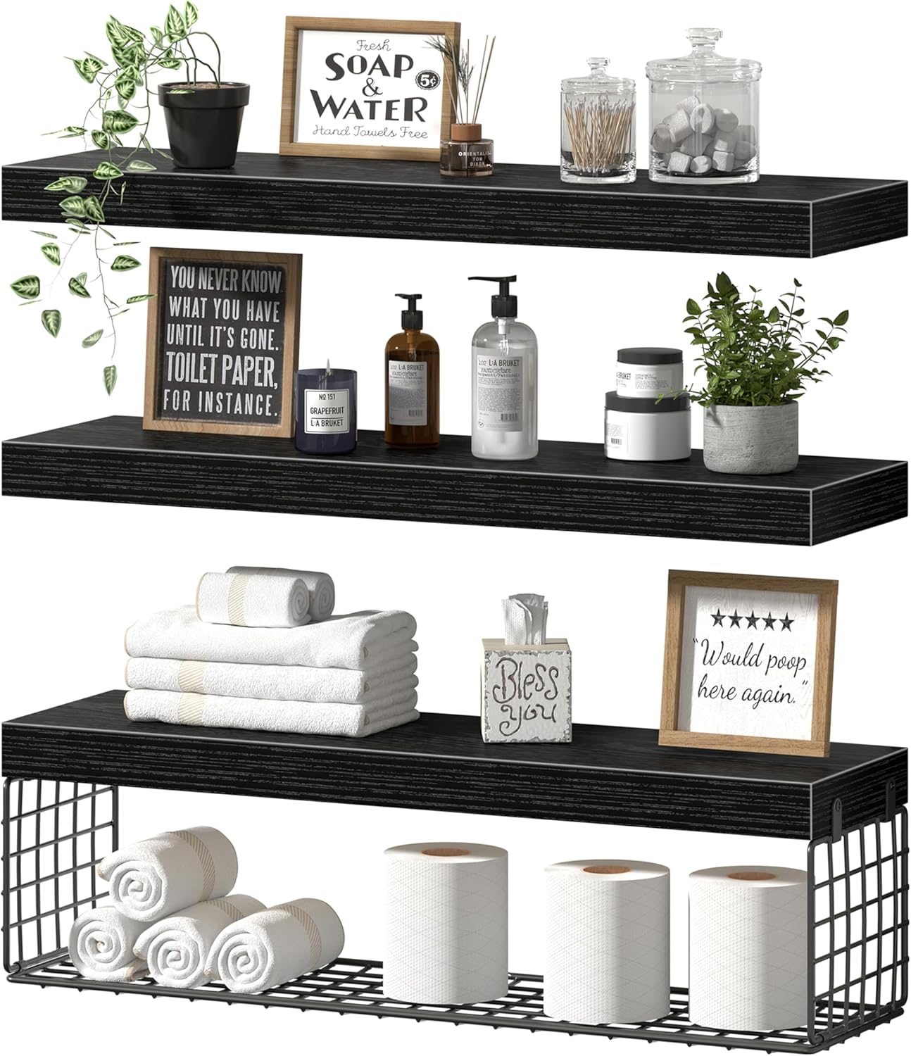 QEEIG Floating Bathroom Shelves - 24-Inch Wall Storage Solution for Toilet Paper | Set of 3, Black