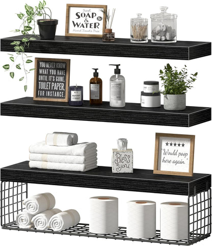 QEEIG Floating Bathroom Shelves - 24-Inch Wall Storage Solution for Toilet Paper | Set of 3, Black