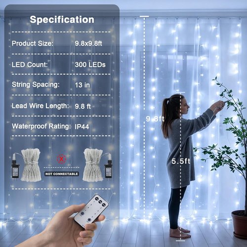 JMEXSUSS 300 LED Curtain Lights - 9.8x9.8Ft Indoor String Lights with Remote | 8 Modes for Wedding & Party Decor