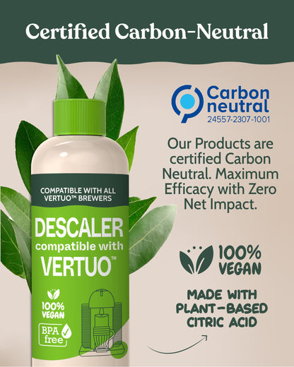 Nespresso Vertuo Compatible Descaling Solution. Eco-Friendly Formula to Clean & Descale Your Nespresso Vertuoline Machine. 2 Uses per Bottle, 2 Pack. Carbon Neutral Vertuo Descaling Kit.