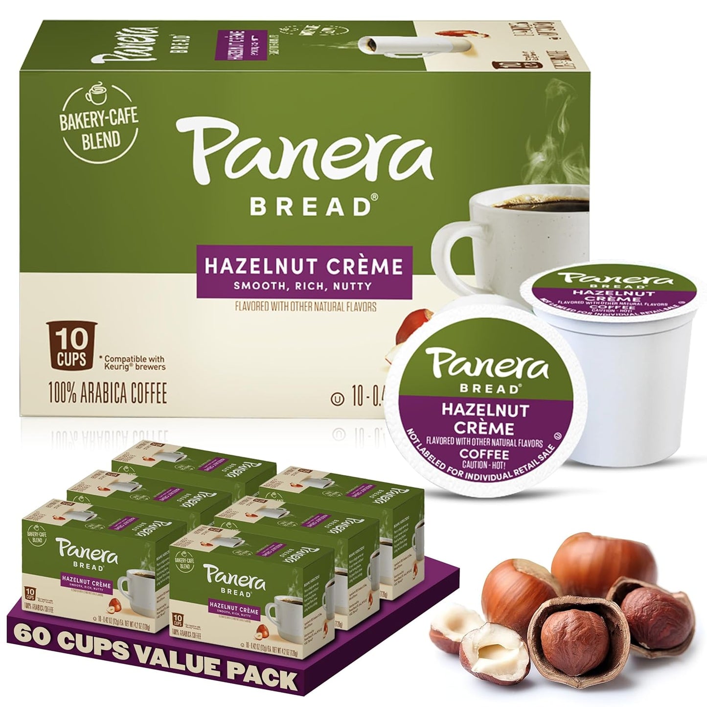 Panera Bread Hazelnut Crème Light Roast Coffee - Smooth Buttery Flavor, 100% Arabica, 60 Pods