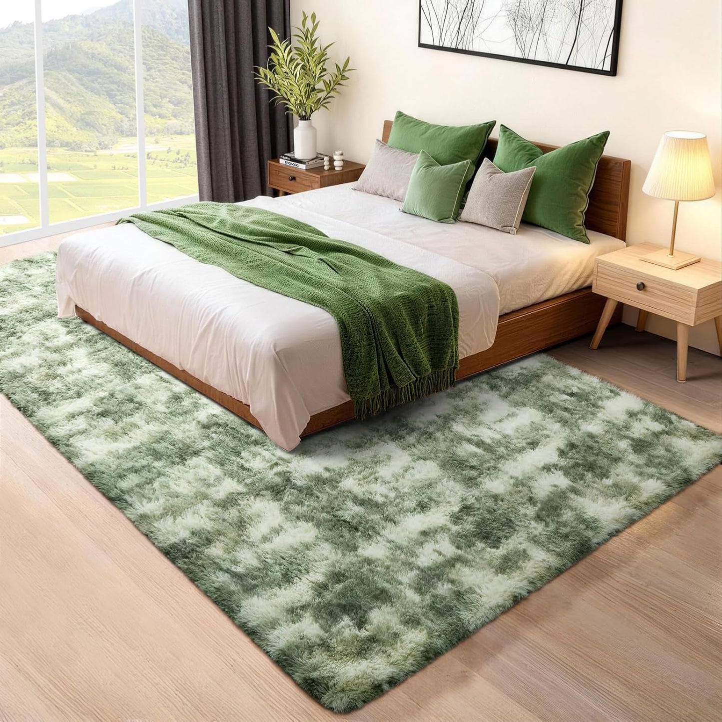 Ophanie Area Rug - Fluffy Shag Soft Carpet for Living Room | 5x7 Green and White Design