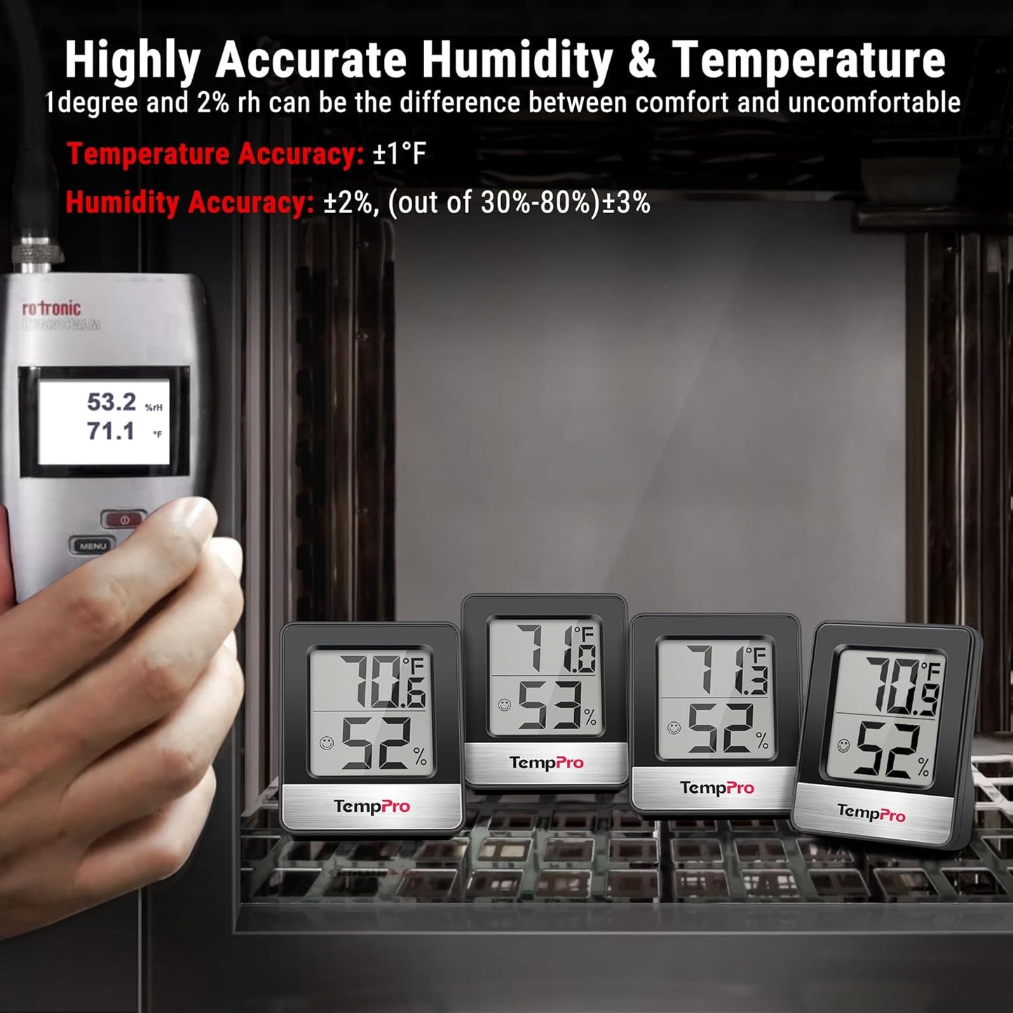 TempPro Digital Hygrometer | 2-Piece Indoor Thermometer & Humidity Meter - Black Weather Station