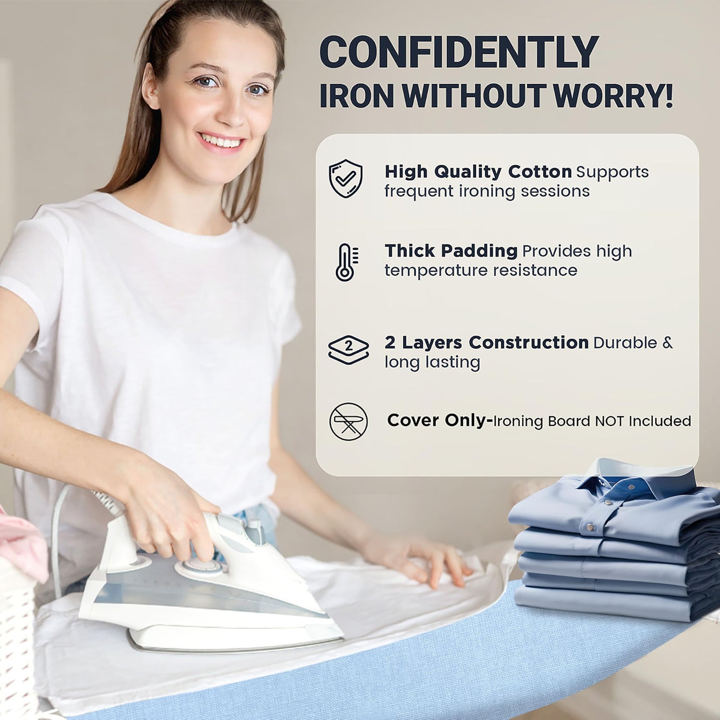 UniSimp Ironing Board Cover and Pad 18"x54" Extra Thick Natural Cotton, Scorch and Stain Resistant Iron Board Cover, Extra Large Iron Board Cover with Fasteners Heavy Duty Heatproof Elastic Edge Blue