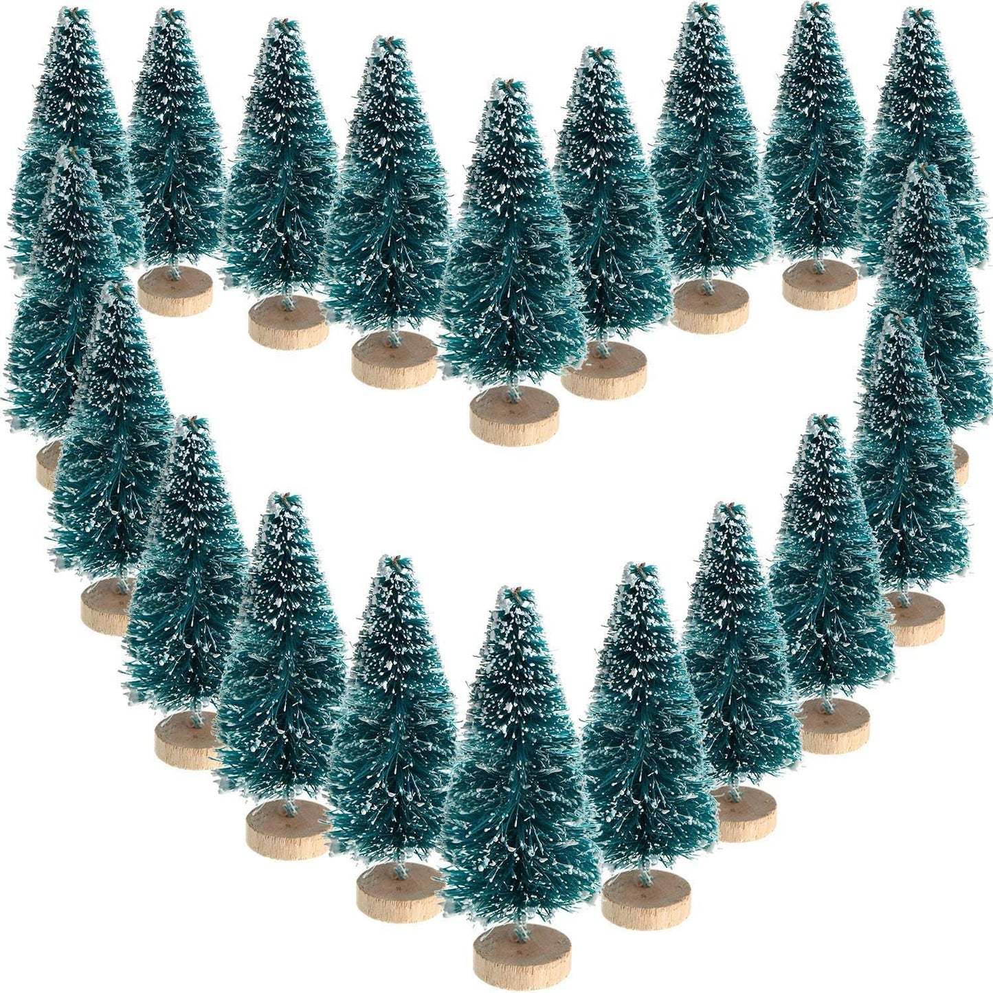Skiennix Mini Bottle Brush Christmas Trees - 24 Pack with Wood Base | Blue-Green Winter Ornaments for Crafts