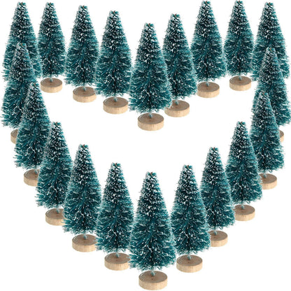 Skiennix Mini Bottle Brush Christmas Trees - 24 Pack with Wood Base | Blue-Green Winter Ornaments for Crafts