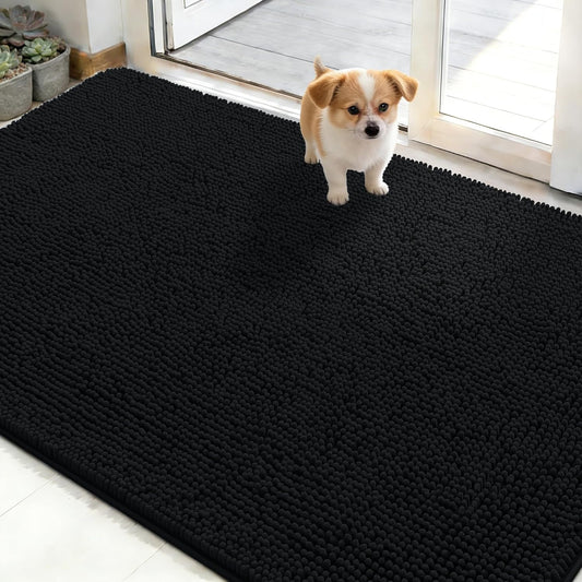 OLANLY Dog Door Mat - Absorbent Non-Slip Washable Chenille Mat for Muddy Paws | 50x30 Black