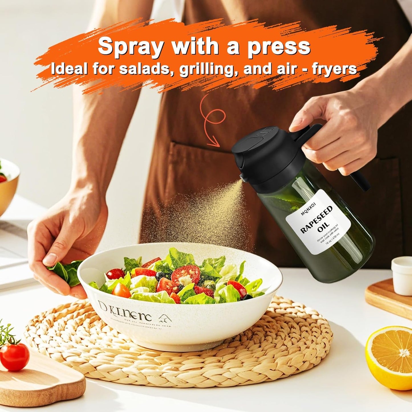 Skiennix 2-in-1 Glass Oil Sprayer & Dispenser - 16oz Olive Oil Bottle for Cooking & Air Fryer Accessories (White & Dark Green)
