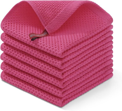 Homaxy Kitchen Dish Cloths - 100% Cotton Waffle Weave, Ultra Soft & Absorbent, 12x12 Inches, 6-Pack | Hot Pink