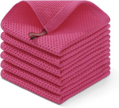 Homaxy Kitchen Dish Cloths - Ultra Soft 100% Cotton Waffle Weave, Quick Drying, 12x12 Inches, 6-Pack, Hot Pink