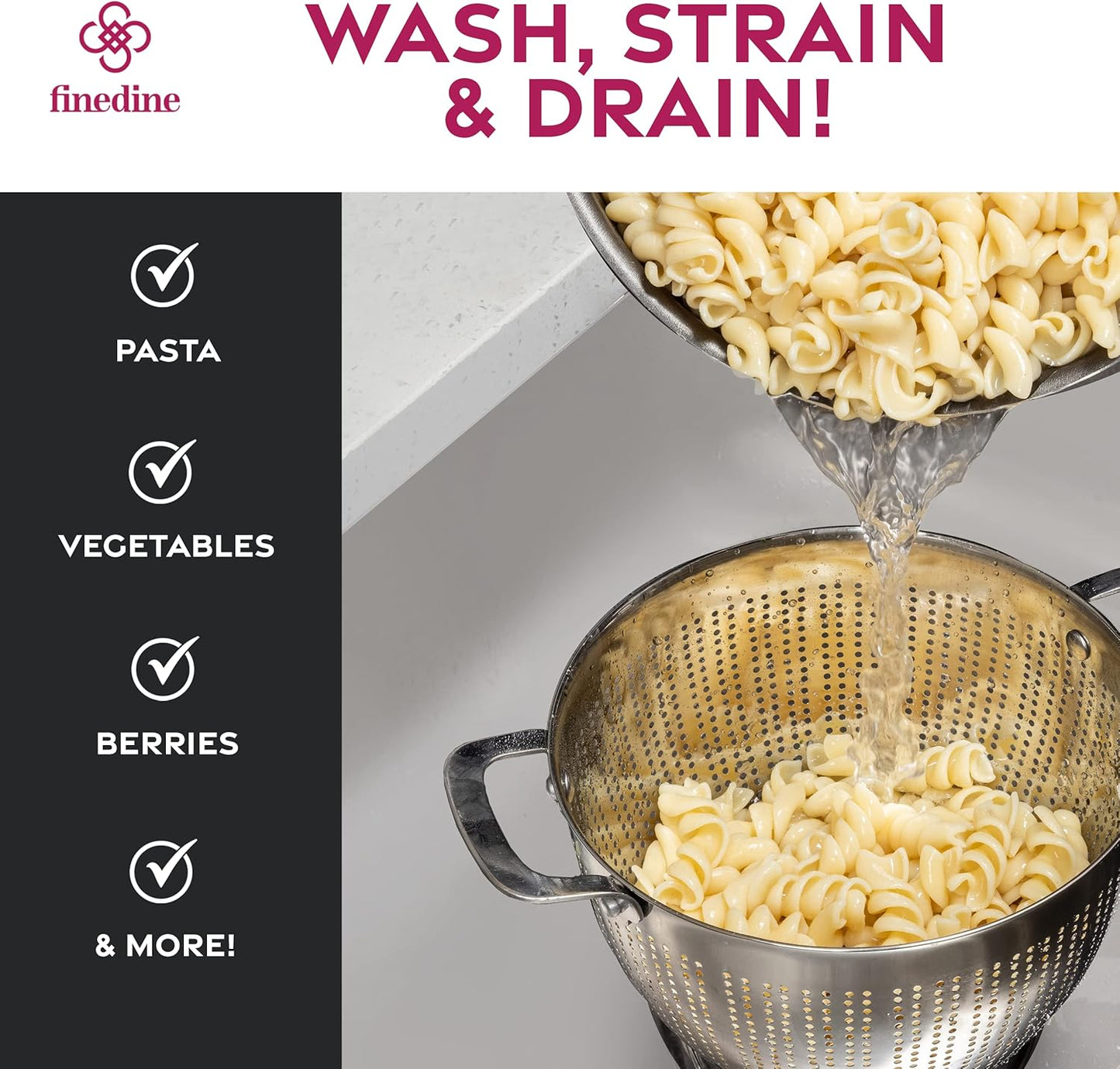 YH-Goods Stainless Steel Colander Set - 3-Piece Stackable Strainers for Pasta, Rice & Fruit | 5QT, 3QT, 1.5QT