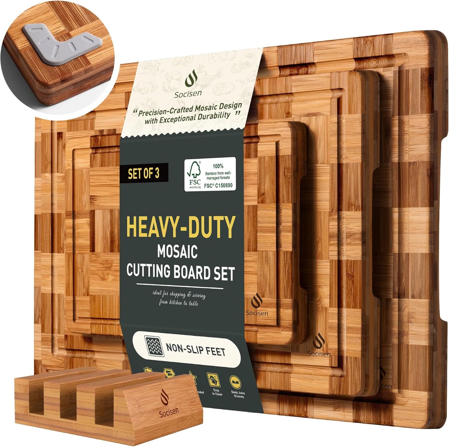 Skiennix Heavy Duty Bamboo Cutting Board Set - Non-Toxic, Extra Large, Solid End Grain Design | Ideal Kitchen Gift