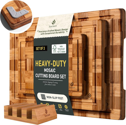 Skiennix Heavy Duty Bamboo Cutting Board Set - Non-Toxic, Extra Large, Solid End Grain Design | Ideal Kitchen Gift