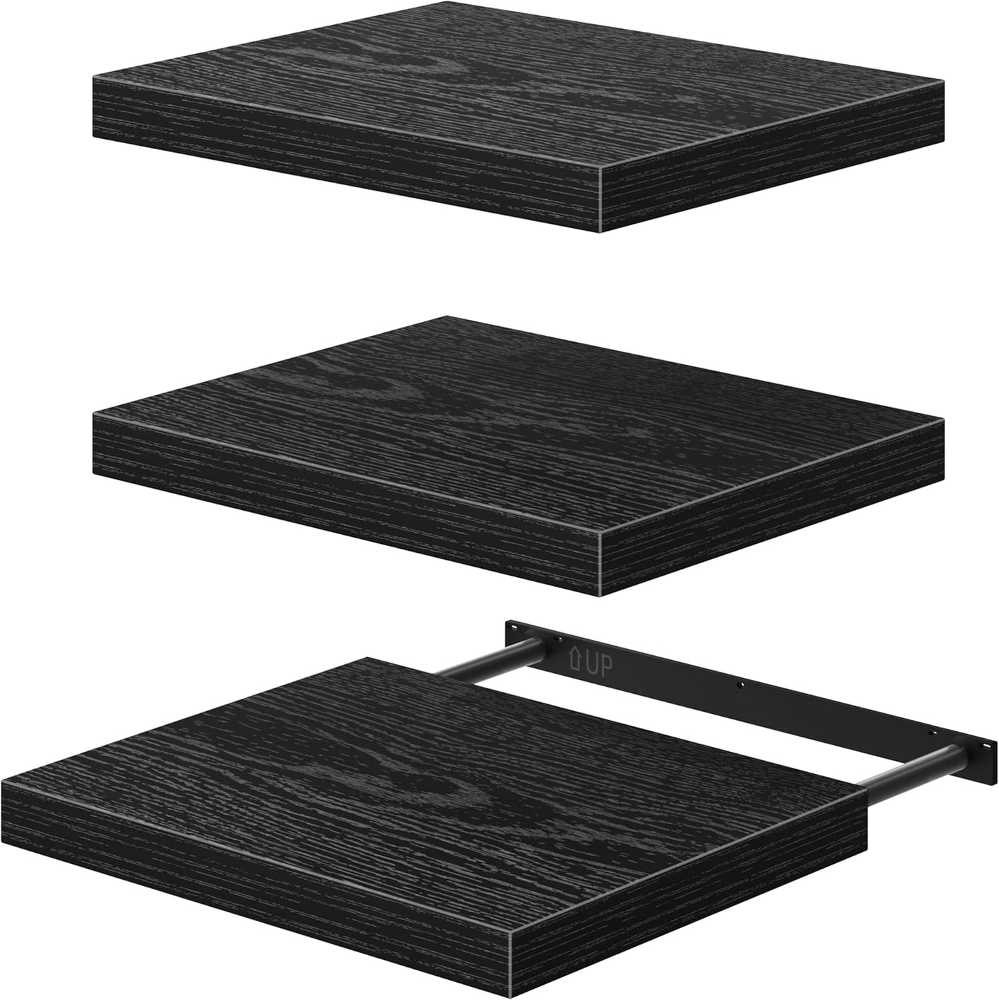 QEEIG Floating Shelves - 12" Deep Wall-Mounted Bookshelf Set of 3 for Bathroom, Kitchen, Living Room - Black