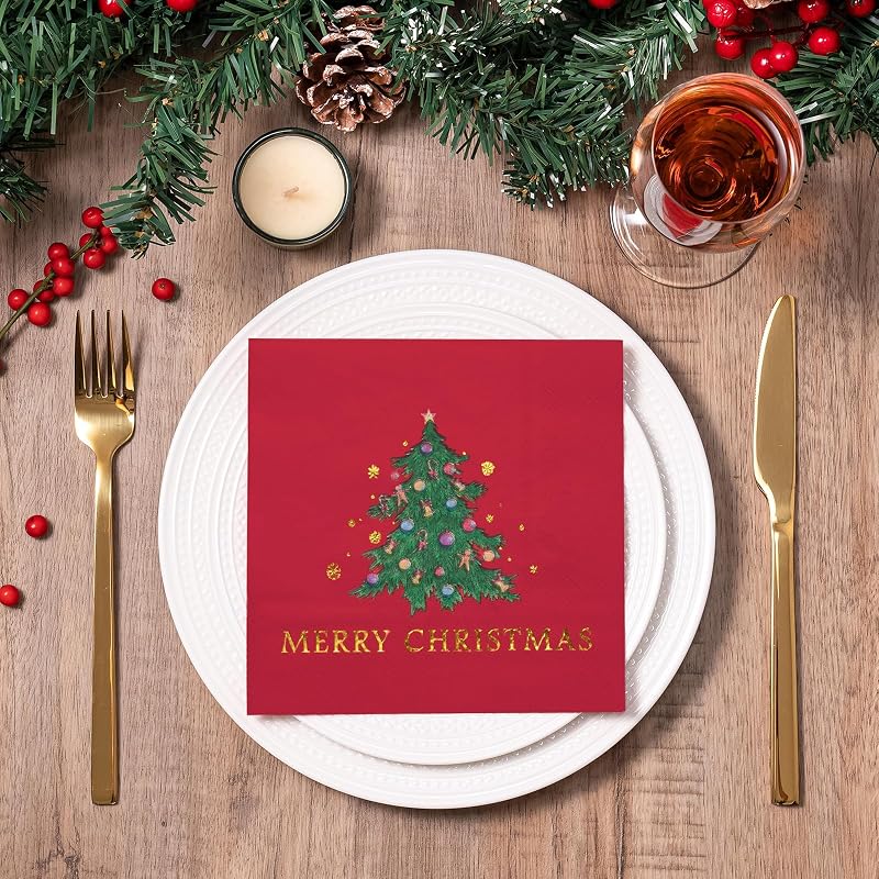 5 x 5 Inch 50-Count 3-Ply Christmas Tree Red Paper Napkins - Wrapped Pack