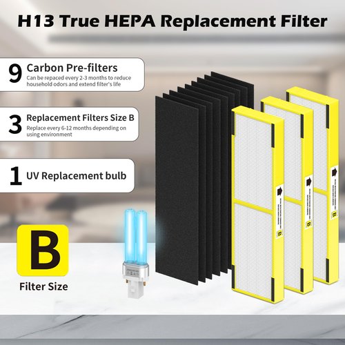 3 pack FLT4825 Filter B Replacement ＆ LB4000 Compatible with G-Guardian Filter B Purifier AC4825 AC4825E AC4300 AC4800 AC4900 AC4850, 3 HEPA Filters + 9 Carbon filters+ 1 lb4000 uv light bulb