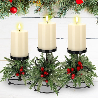 Yunlly Christmas Candle Holder Set - 3 LED Battery-Operated Centerpieces | Norfolk Pine Needle Design
