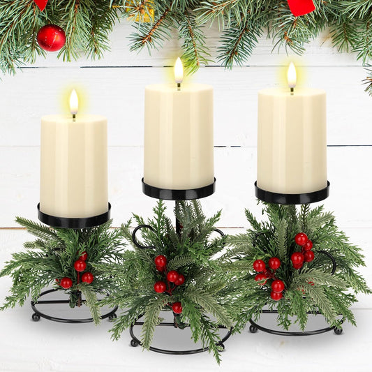 Yunlly Christmas Candle Holder Set - 3 LED Battery-Operated Centerpieces | Norfolk Pine Needle Design