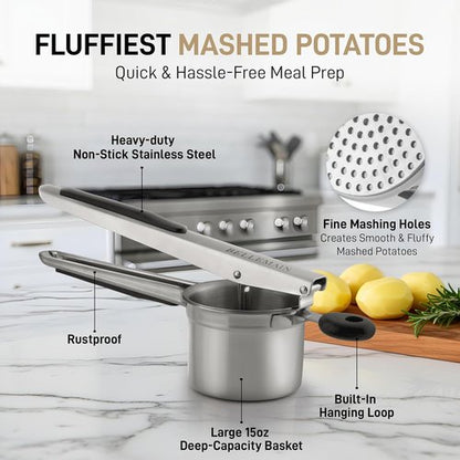 Bellemain Large Potato Ricer - Heavy Duty Stainless Steel Masher for Smooth Mashed Potatoes & Gnocchi | 15oz