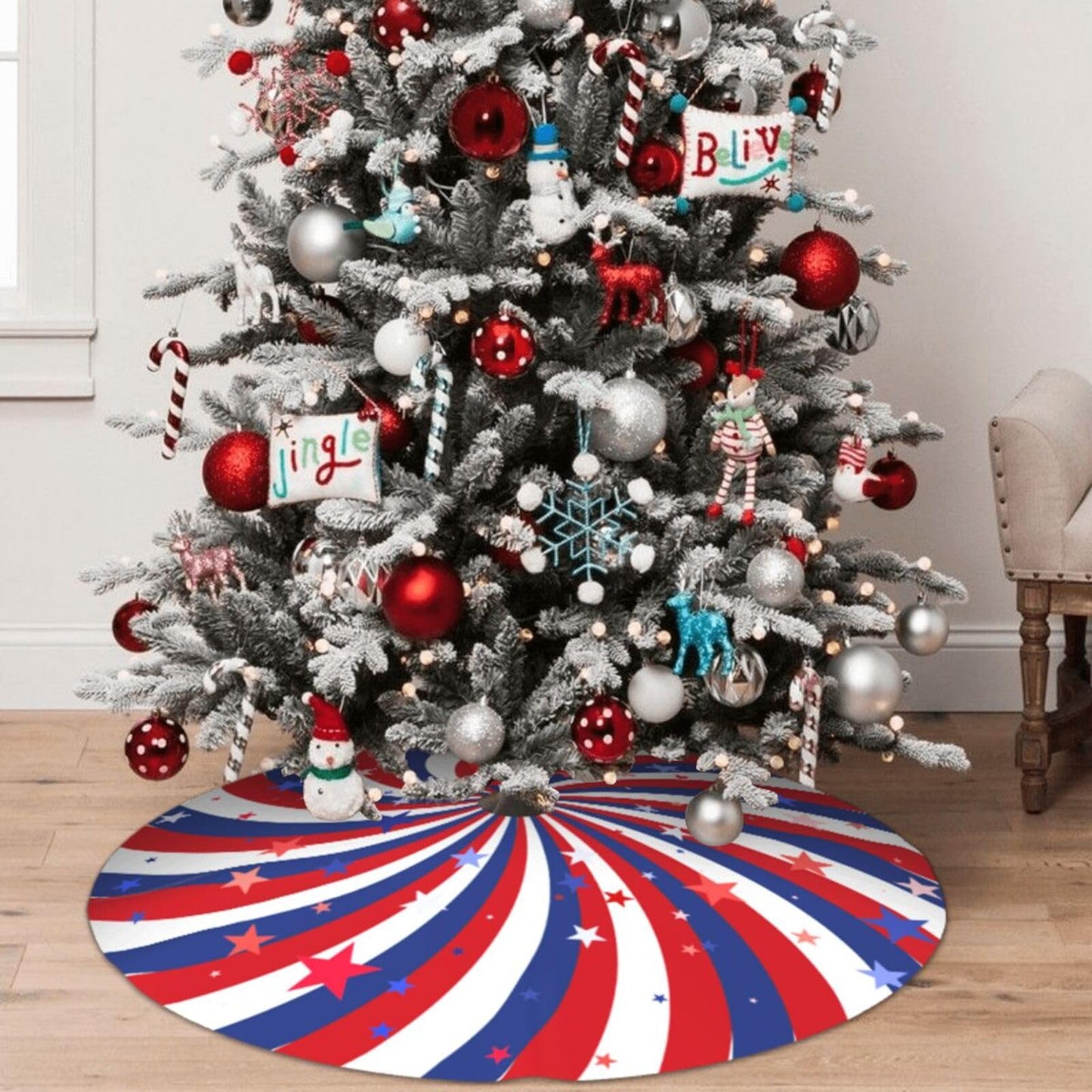 Patriotic Pinwheel Star Flag Christmas 36 Inch Christmas Tree Skirt Carpet Mat Funny Party Soft Cover Mat Decor Supplies for Xmas Halloween Decorations Occasion Farmhouse