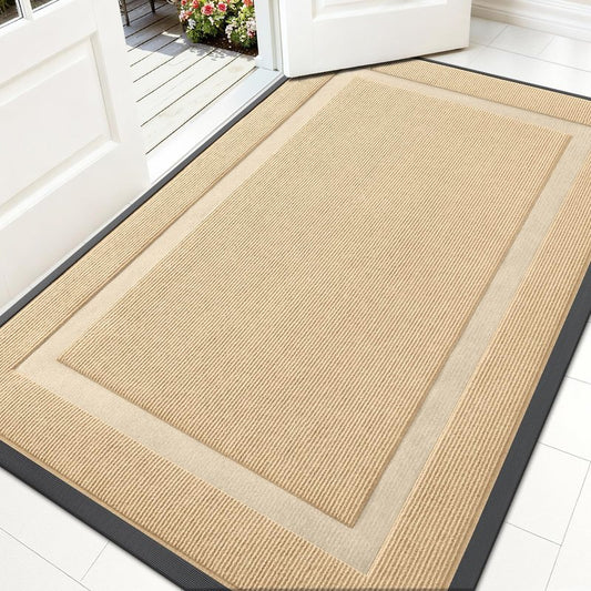 OLANLY Front Door Mat Indoor Outdoor Entrance, Waterproof All-Season, All-Weather Doormat, Sturdy Natural Rubber, Fade Resistant, Low Profile, Easy Clean Patio Porch Entryway Mat, 59x30, Beige