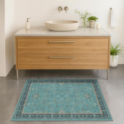 Skiennix 2x4 Washable Teal Throw Rug - Non-Slip Boho Floral Carpet for Entryway & Bathroom