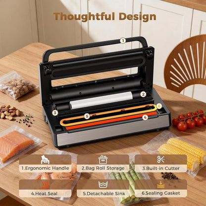 Automatic Food Vacuum Sealer Machine - 180W Hands-Free Kitchen Sealer with Built-In Cutter & Storage | Includes 2 Rolls & 10 Bags