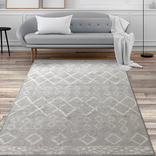 Antep Rugs Alfombras Non-Skid (Non-Slip) 5x7 Rubber Back Bohemian Distressed Moroccan Boho Low Pile Profile Indoor Area Rug (Silver, 5' x 7')