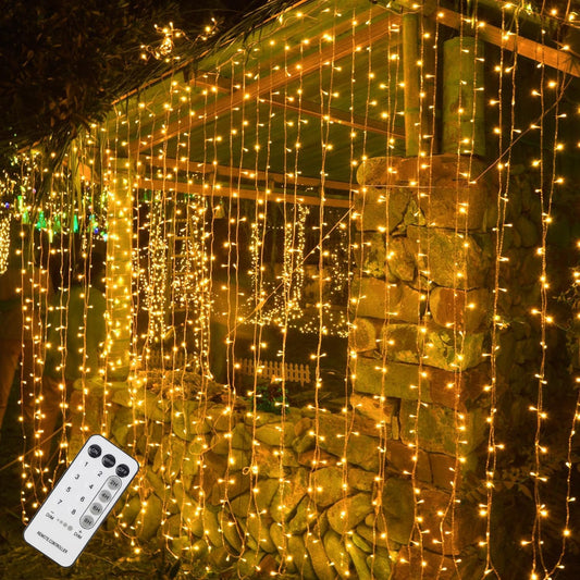 WATERGLIDE 300 LED Curtain Lights - Remote Control Holiday String Lights | 8 Lighting Modes, Warm White