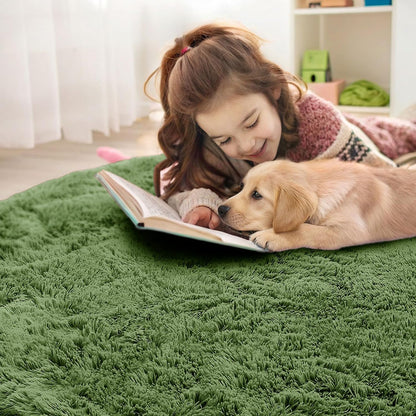 OLANLY Green Round Area Rug - Soft, Fluffy, Machine Washable 9 ft Circle Carpet for Bedroom & Living Room
