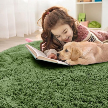 OLANLY Green Round Rugs for Bedroom - Machine Washable, 5 ft Circle Area Rugs for Living Room, Soft and Fluffy Shaggy Carpet for Teen Girl and Boys, Nursery Rooms, Dorms, Home Decor Aesthetic
