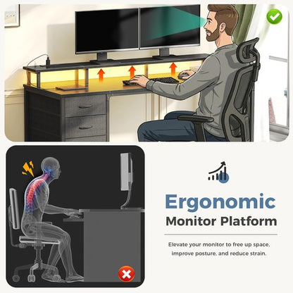 DUMOS 40-Inch Computer Desk - 4 Drawers with Power Outlets & LED Lights | Compact Office Desk in Black