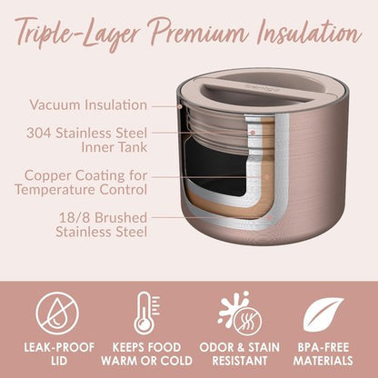 Bentgo Stainless Insulated Food Container - 2.4 Cups | Triple-Layer Vacuum Seal, Leak-Proof, Rose Gold