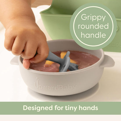 Upward Baby Spoons - Self-Feeding Toddler Utensils with Anti-Choke Barrier | 3 Pack, Silicone, Red/White/Blue