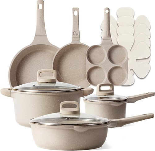 CAROTE 13-Piece Non-Stick Cookware Set | Taupe Induction Pots and Pans with Lids - Kitchen Essentials