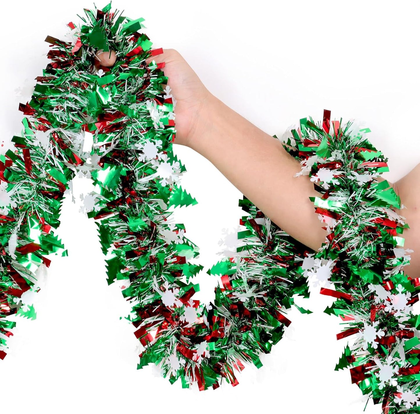 Skiennix 50Ft Tinsel Garland - Festive Christmas Tree Decorations with Snowflakes | Red, Green & White
