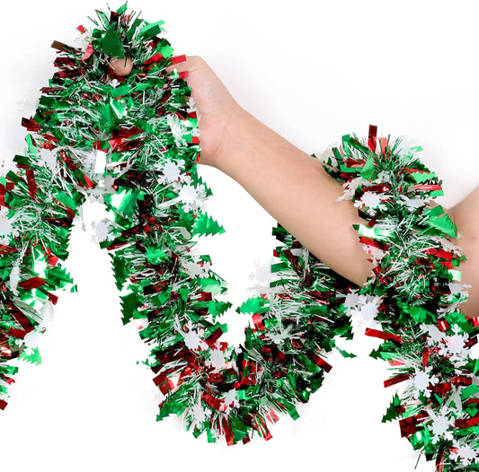 Skiennix 50Ft Tinsel Garland - Festive Christmas Tree Decorations with Snowflakes | Red, Green & White