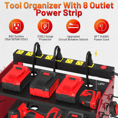 Power Tool Organizer by [Brand Name] - Wall Mount with Charging Station & 8 Outlet Power Strip | Heavy-Duty 3-Layer Tool Rack