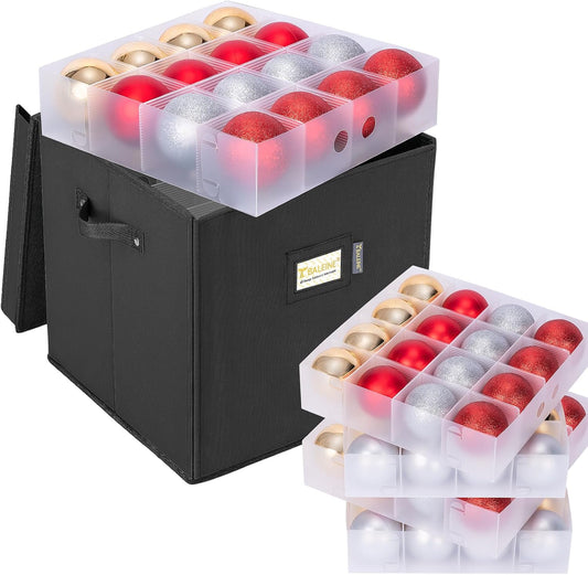 BALEINE Christmas Ornament Storage Box - Premium Container with Dividers for 64 Balls | Black Hard Shell