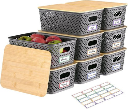 Anysig Plastic Storage Bins - 8 Pack Stackable Baskets with Bamboo Lids for Organizing | Grey
