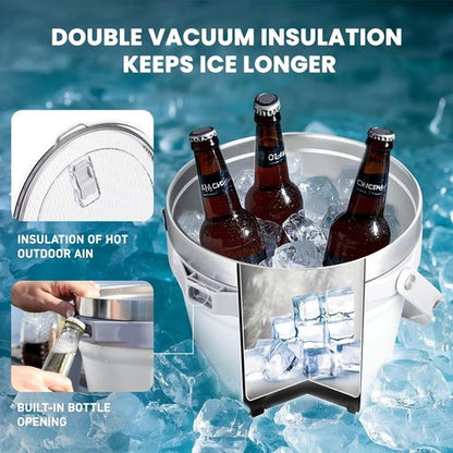 COKTIK 7L Insulated Ice Bucket with Lid，Double Wall Vacuum Stainless Steel Beverage Bucket Keeps Frozen Longer，Holds 6 Longnecks or 3 Bottles of Wine，for hot food, Large Parties(No Accessories, White)