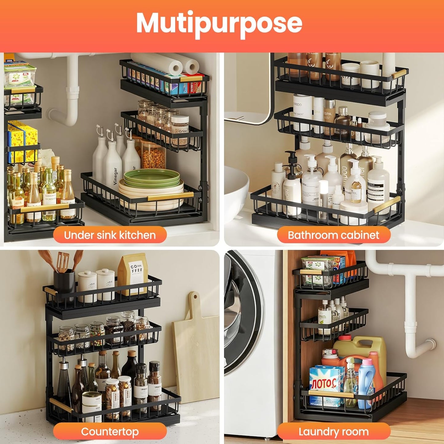 Under Sink Organizer by [Brand Name] - 3 Tier Pull Out Shelf Storage for Bathroom & Kitchen | 2 Pack