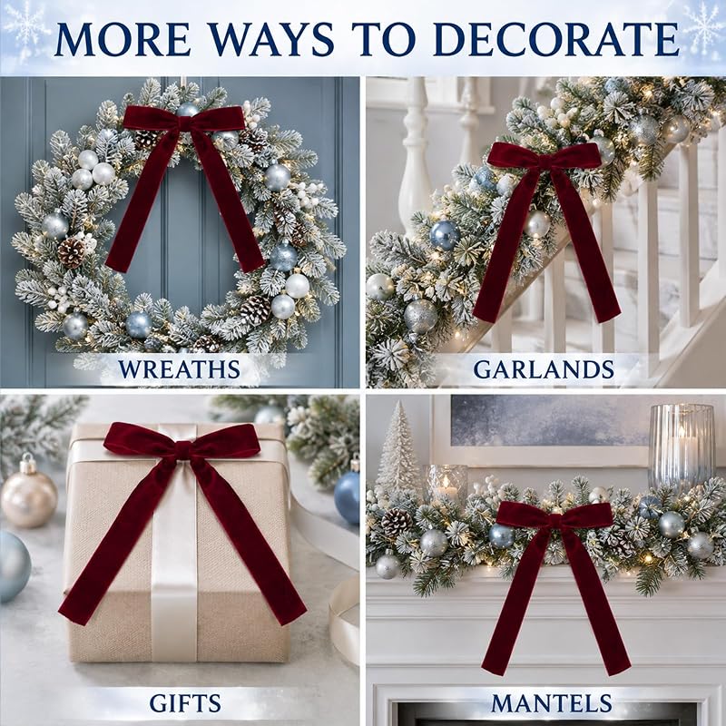 20-Pack Burgundy Velvet Christmas Tree Bows with Wire Backing - 5x7 Inches