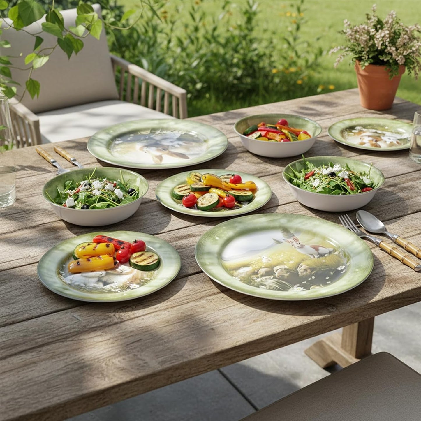 Skiennix 12-Piece Melamine Dinnerware Set - Lightweight Shatterproof Plates & Bowls for 4 | Green Bunny Design, Ideal for Outdoor Use