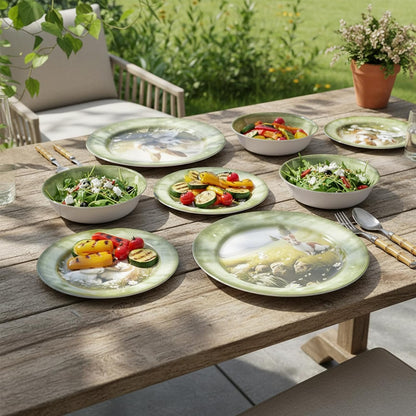 Skiennix 12-Piece Melamine Dinnerware Set - Lightweight Shatterproof Plates & Bowls for 4 | Green Bunny Design, Ideal for Outdoor Use