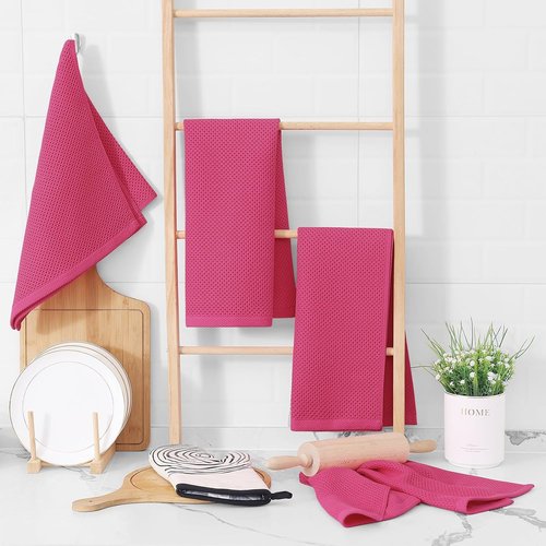 Homaxy Kitchen Dish Towels - Ultra Soft 100% Cotton Waffle Weave, Quick Drying, 13 x 28 Inches, 8-Pack, Hot Pink