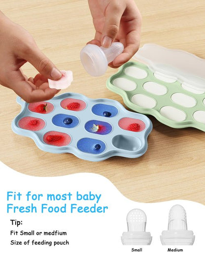 Heomoone Baby Food Freezer Tray with Lid 2 Pack, Silicone Baby Food Storage Containers, Breastmilk Popsicle Mold, Small Ice Cube Tray for Homemade Baby Food（Blue/Green）