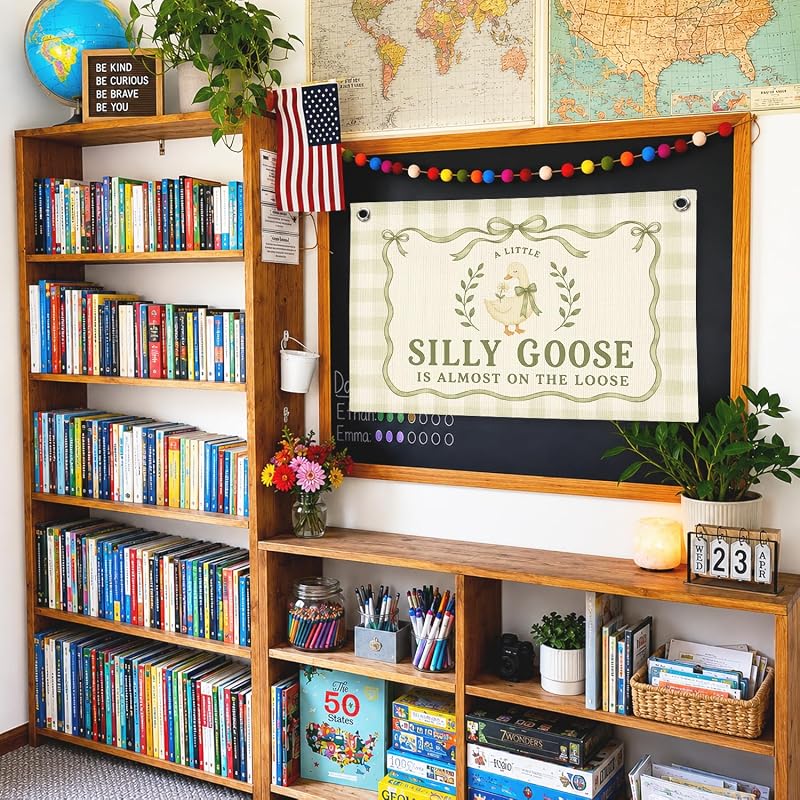 Silly Goose Baby Shower Banner - Nursery Wall Decor 30x20, sily goose green, Linen Canvas