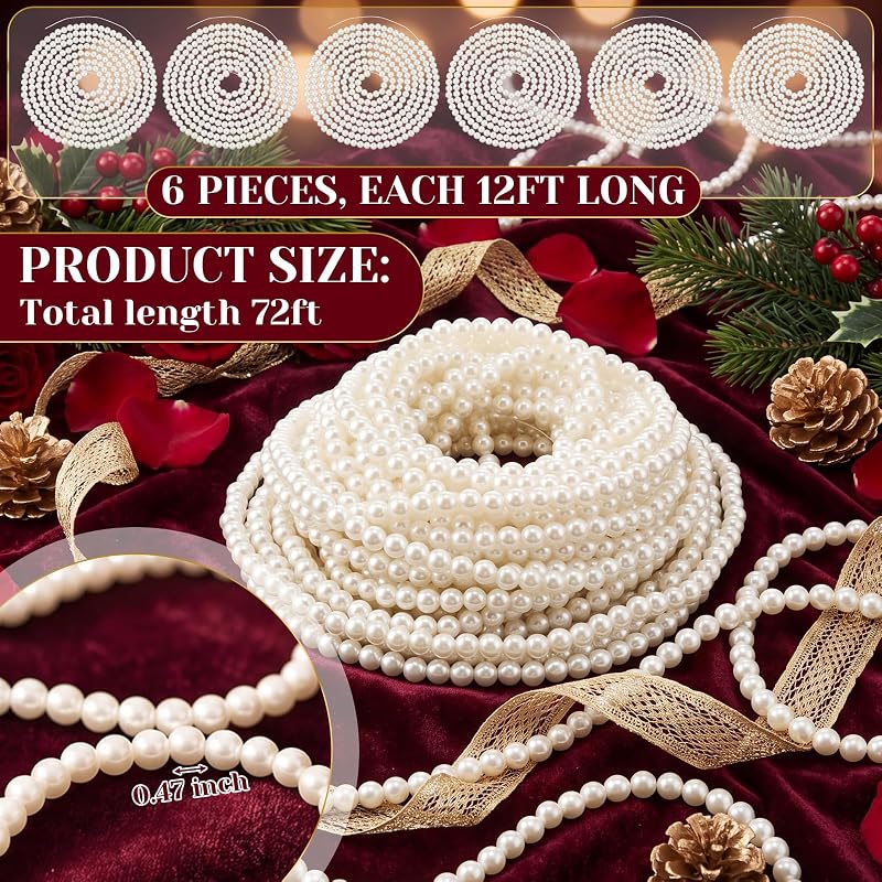 6 Pack 72ft Pearl Garland for Christmas Tree Decor – 12mm Beads, Large Pearl Strand
